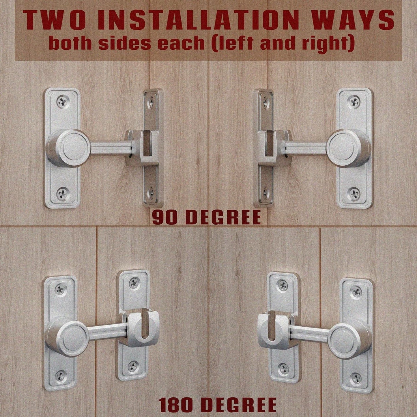 Barn Door Privacy Latch, 90°/180° Swing Slide Lock, Zinc-Alloy, Adhesive or Screw Mount, Interior Use for Bathroom/Bedroom/Closet/Shed, Includes Screws & Glue - Silver