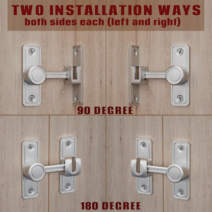 Barn Door Privacy Latch, 90°/180° Swing Slide Lock, Zinc-Alloy, Adhesive or Screw Mount, Interior Use for Bathroom/Bedroom/Closet/Shed, Includes Screws & Glue - Silver