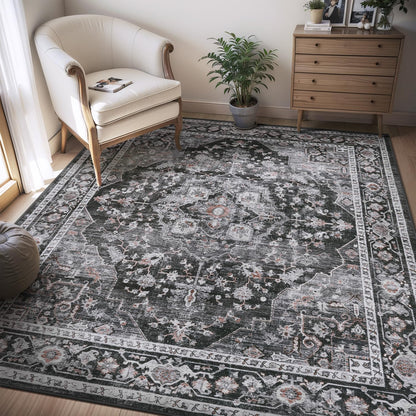 AMOAMI-3X5 Area Rug-Soft Washable Rugs for Living Room Bedroom -Non Slip Entryway Rug-Indoor Vintage Throw Rug Accent Rug for Living Room Laundry Room Kitchen Bathroom Bedside Dark Grey & Black