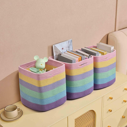 3 Pack Storage Cubes 11 Inch Cotton Rope Woven Baskets for Organizing Cube Bin Square Shelves Organizer,Classroom,Kids Toy Bins,Closet,Baby Nursery(Light Rainbow)