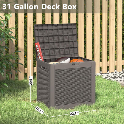 31 Gallon Deck Box, Resin Outdoor Storage Box, Waterproof and UV Resistant Deck Box, Lightweight Storage Box for Garden Tools, Pool Supplies