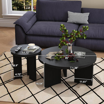 Nesting Coffee Table Set of 2, Modern Wooden Coffee Table with Smooth Thick Design, Circle Tea Table and End Table Set, Accent Center Tables for Living Room, Office, Black