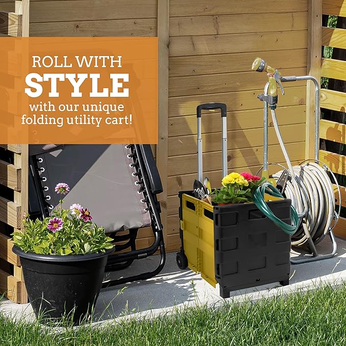 Inspired Living Ultra-Slim Rolling Collapsible Storage Pack-N-Roll Utility-carts, with Telescopic Handle, for Home, Garden, Shopping, Office, School use, Medium, Yellow & Black