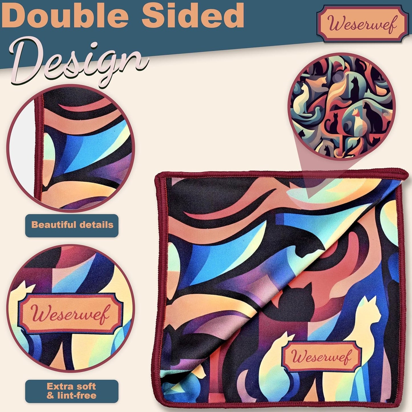 WESERWEF Design Microfiber Glasses Cleaning Cloth – Premium Cleaning Cloth for Eyeglasses, Screens, Tablets, Cameras & Lenses, 12" x 12", Ultra-Soft & Scratch-Free (Cats)