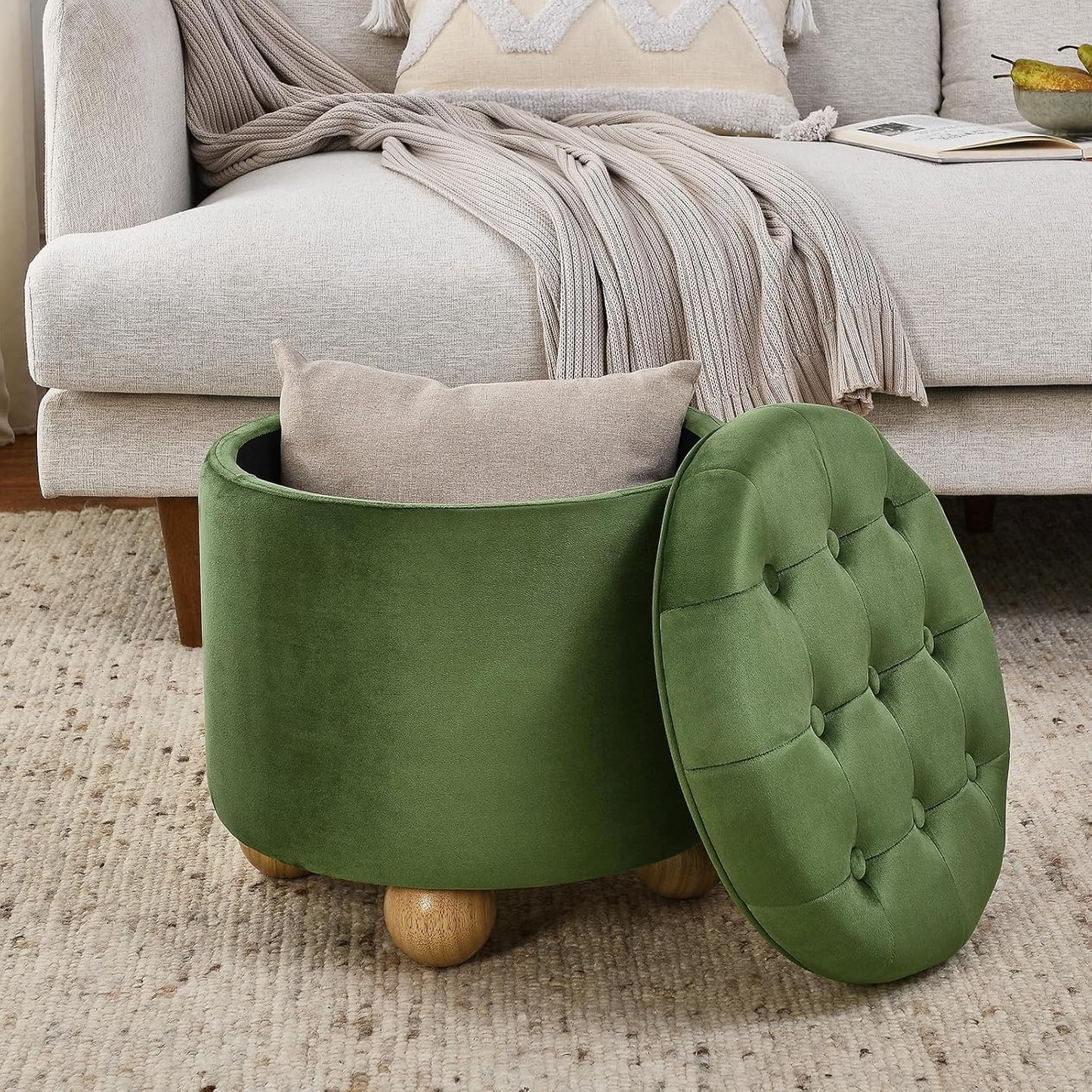 Furniliving Upholstered Button Tufted Round Ottoman, Velvet Storage Ottomans Round, Removable Lid Convenient Footstools, Bedroom Ottoman with Storage for Vanity, Living Room, Green