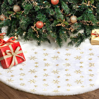 Christmas Tree Skirt 48Inch, Holiday Part Decorations for Christmas Tree, Whit Plush Glod Sequin Snowflake Tree Shirt for Xmas