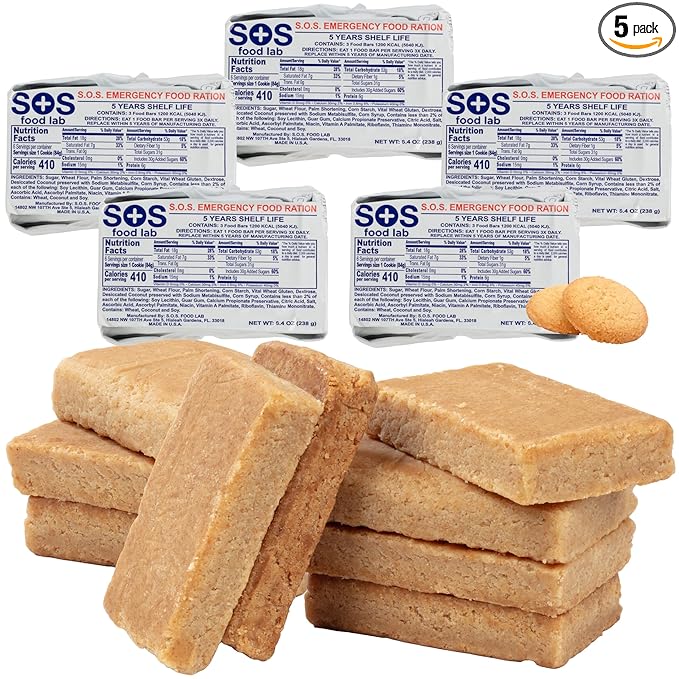 SOS Food Lab Emergency Food Bar - 1200 Calorie Ration (5 Pack Shortbread Cookie) - 1 Day/24 Hour Ready to Eat Supply for Camping, Hiking, Disaster Preparedness - 5 Year Shelf Life Energy Survival Food
