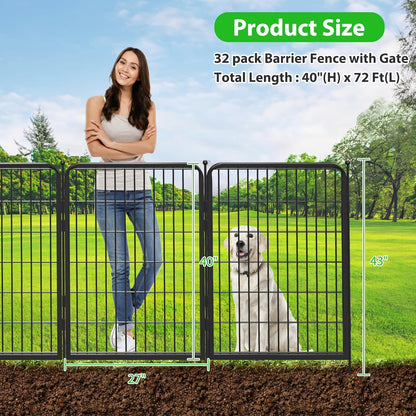 Decorative Black Metal Fencing Garden Fence with Gate, 72ft(L) 40in(H) 32 Fence Panels No Dig Fence Rustproof Animal Barrier Fence Temporary Dog Panels Fencing Outdoor