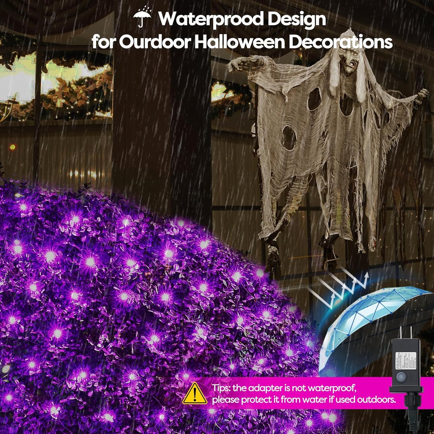 WBao Halloween Lights Outdoor 200LED F8 Big Bulbs, 8.4ft x 5.2ft Halloween Net Lights with 8 Modes, Timer, Connectable, Waterproof & Dark Green Wire for Lawn, Bushes, Trees Outdoor Decorations, Purple