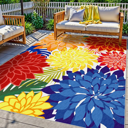 Indoor Outdoor Area-Rug Washable Multicolored Patio Rug Tropical Botanical Modern Floral Indoor Outdoor Carpet Non-Slip for Patio, Deck, Backyard, Porch (6x9)