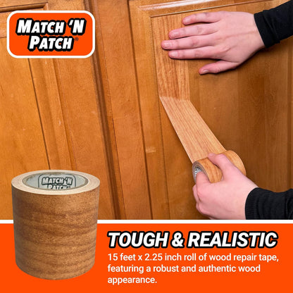 MATCH 'N PATCH Realistic Wood Grain Repair Tape - Durable Multi-Use Adhesive Tape for Furniture, Floors, Cabinets, Windows, Doors, RV, Home Decor & DIY Projects - Wheat Maple, 2.25 in x 15 feet