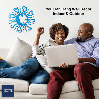 Riverside Designs Wacky Solar Moon Metal Wall Art Steel Outdoor Decor | Heavy-Duty and Waterproof | Made in USA (Teal, 24L x 24W)