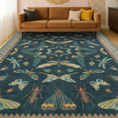 Oriental Blue and Green Area Rugs for Living Room 6x9 - Insect & Butterfly Dining Table Rug, Bedroom Boys, Washable Non Skid Rubber Backed, Vintage Funky Home Décor
