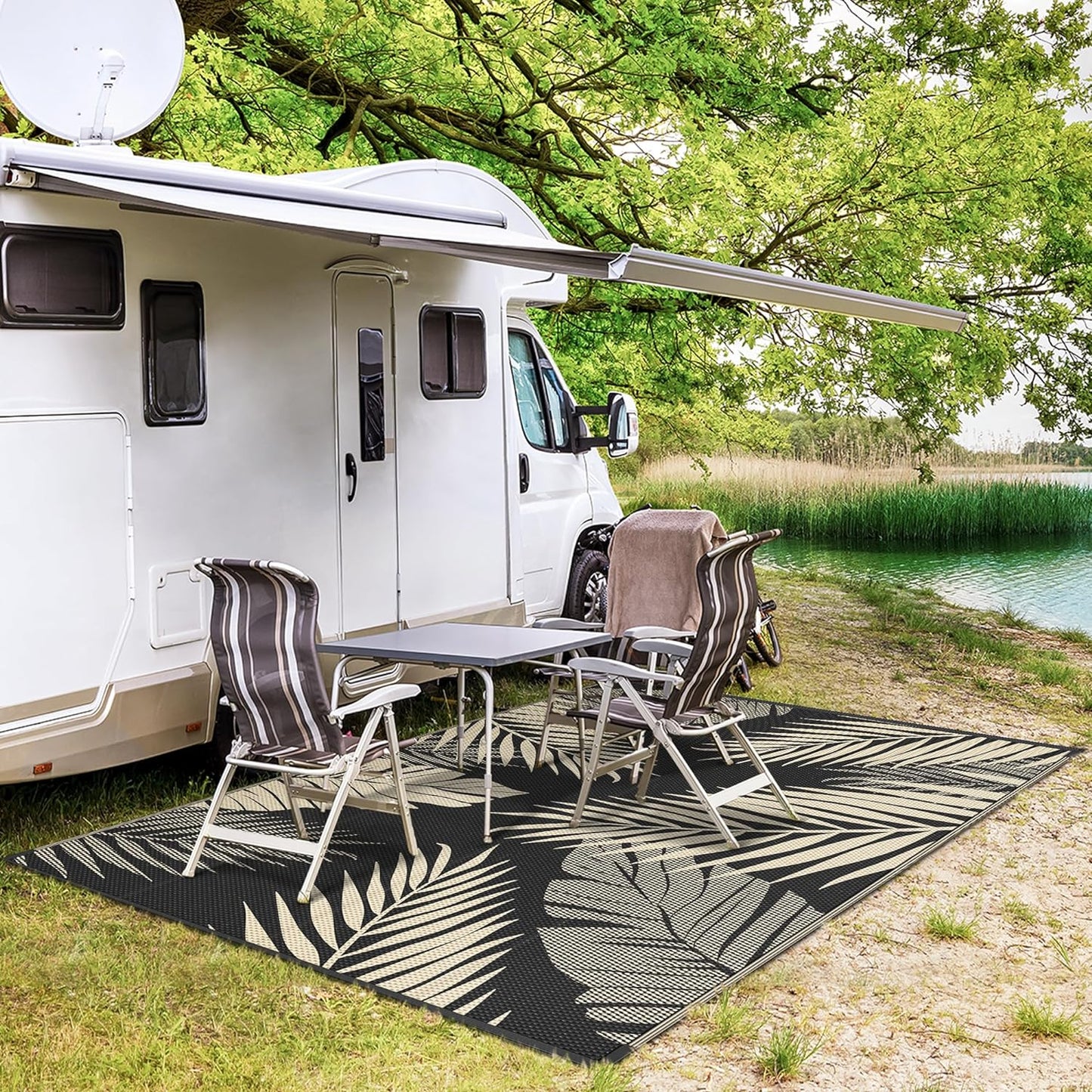 GENIMO Outdoor Rug 9' x 12' Waterproof for Patios Clearance, Reversible Outdoor Plastic Straw Camping Rug Carpet, Large Area Rugs Mats for RV, Camper, Deck, Balcony, Porch, Beach, Picnic, Black&Beige