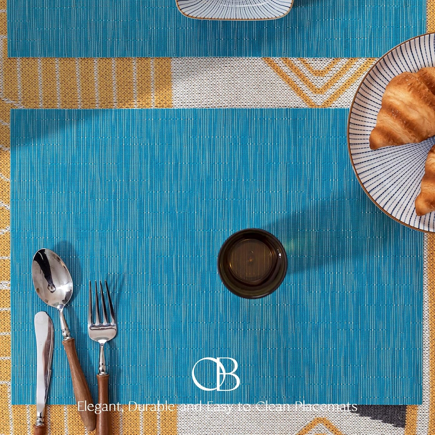 Placemats Set of 6 - Easy Clean Woven Vinyl Placemats for Dining Table, Indoor/Outdoor Place Mats, Washable PVC Table Mats（Teal Blue）