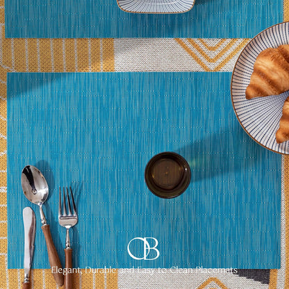 Placemats Set of 6 - Easy Clean Woven Vinyl Placemats for Dining Table, Indoor/Outdoor Place Mats, Washable PVC Table Mats（Teal Blue）