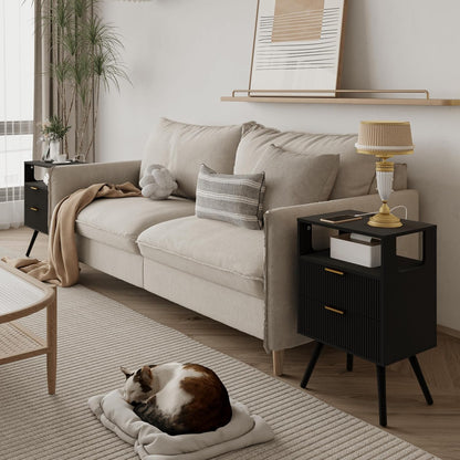 Black Nightstand with Charging Station and LED Lights,Modern Bedside Table with 2 Storage Drawer and Open Wood Shelf, for Bedroom and Small Spaces,Night Stand with Solid Wood Legs,Black