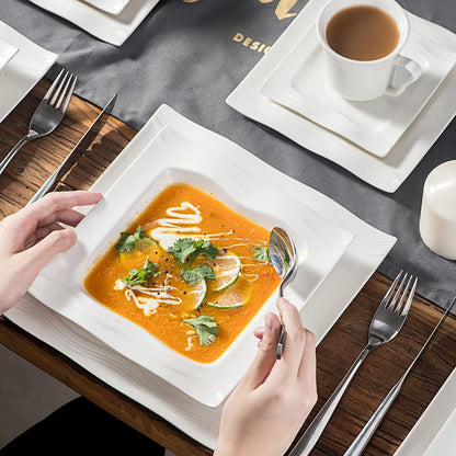 MALACASA 30 Pieces Dinnerware Sets, Modern Ivory White Plates and Bowls Sets for 6, Porcelain Dish Set with Dinner Plate, Dessert Plate, Soup Plate, Cup and Saucer, Square Dishware Set, Series Mario