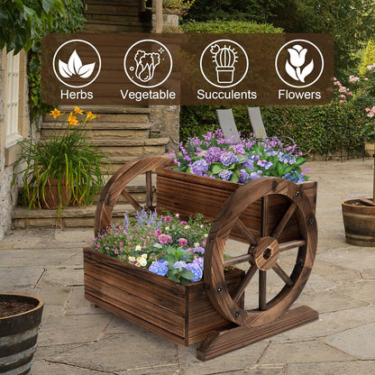 Wooden Wagon Planter Box, Garden Planter with Wheels,Decorative Planter for Flowers Herbs Vegetables for Indoor & Outdoor Décor, Flower Cart for Patio Garden Balcony