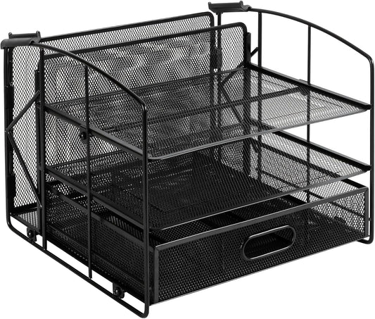 Amazon Basics Rectangular Desk Organizer 3 Tray w/Sliding Drawer and Hanging File Holder, Black