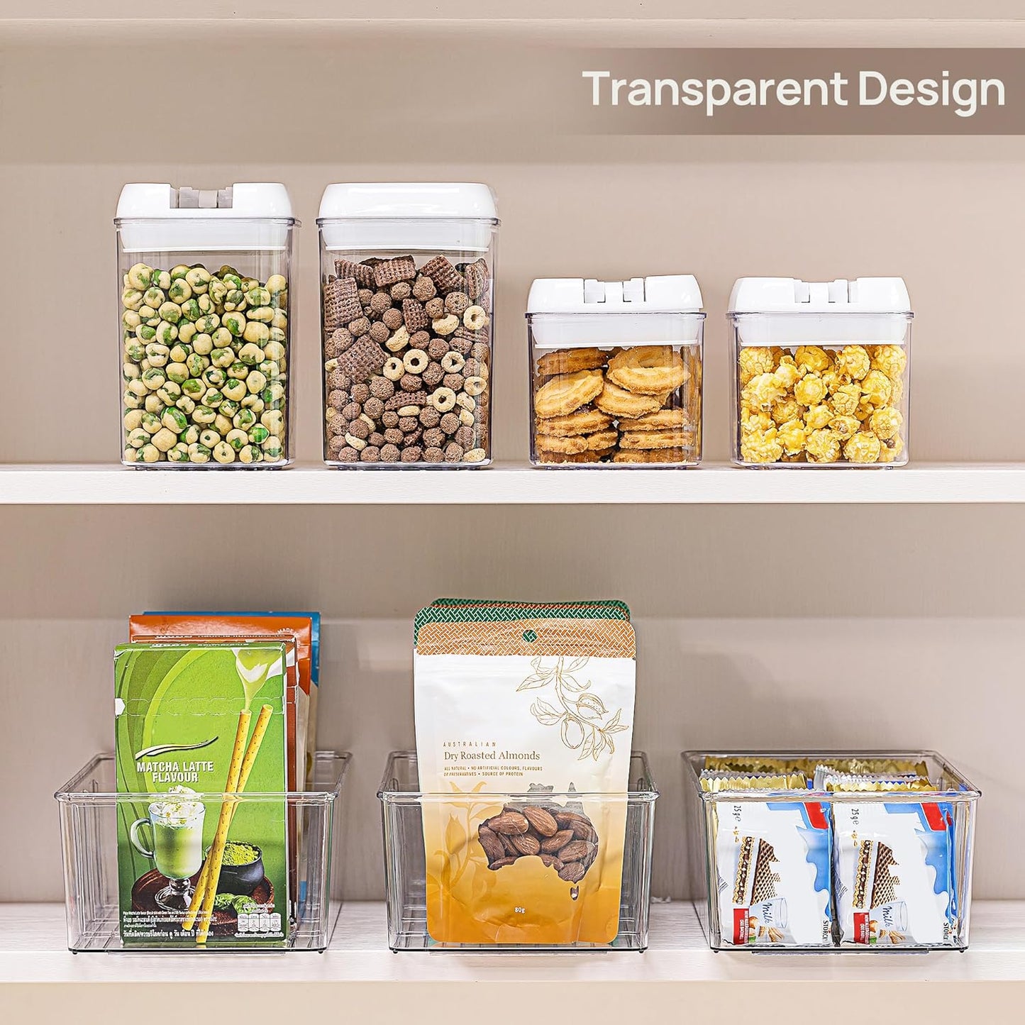 Vtopmart 8 Pack Food Storage Organizer Bins, Clear Plastic Bins for Pantry, Kitchen, Fridge, Cabinet Organization and Storage, 4 Compartment Holder for Packets, Snacks, Pouches, Spice Packets