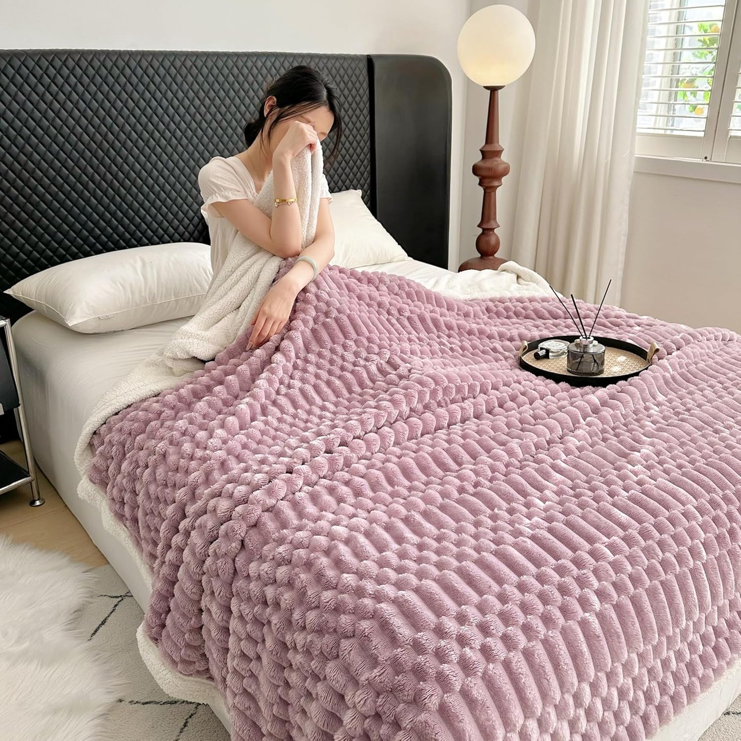 UKELER Sherpa Throw Blankets 60 × 80 inch, 470 GSM Striped Sherpa Fleece Blanket for All Season, Warm and Cozy Blanket for Couch Sofa Bed Office Camping, Purple