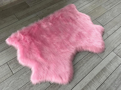 LAMBZY Faux Sheepskin Super Soft Hypoallergenic Free Shape Silky Shag Rug, Luxury Shaggy Plush Carpet for Bedrooms Living Kids Room Sofa Rugs (Pink, Double Side by Side 3'x4')