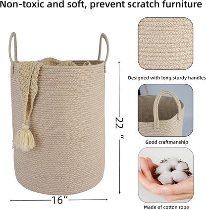 Cotton Rope Laundry Basket Hamper for Clothes Woven Storage Basket for Living Room Bedroom Boho Tall Rope Baskets for Blanket Toys Pillow Towels Baby Nursery Hamper Bin Large oatmeal