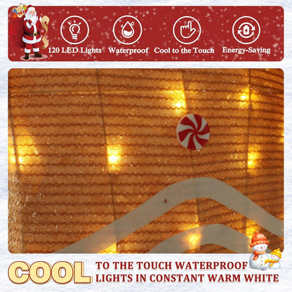 5FT Gingerbread Man with Candy Cane and Gift Box Decoration, 2.5D Pre-Lit Gingerbread Man Decor with 120 LED Lights for Christmas, Freestanding Glittered Holiday Display for Outdoor, Indoor