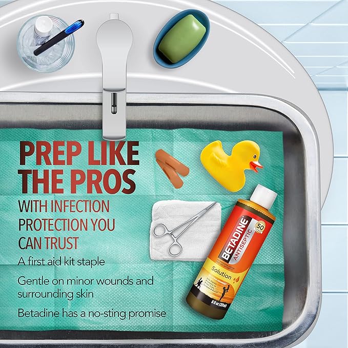 Betadine Antiseptic First Aid Solution, Povidone-iodine 10%, Infection Protection, Kills Germs In Minor Cuts Scrapes And Burns, No Sting Promise, No Alcohol or Hydrogen Peroxide, 8 FL OZ