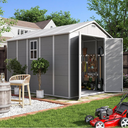 UDPATIO Outdoor Storage Shed 7.5x10.7 FT, Grey & White Resin & Steel Shed with Lockable Door for Backyard, Patio, Lawn