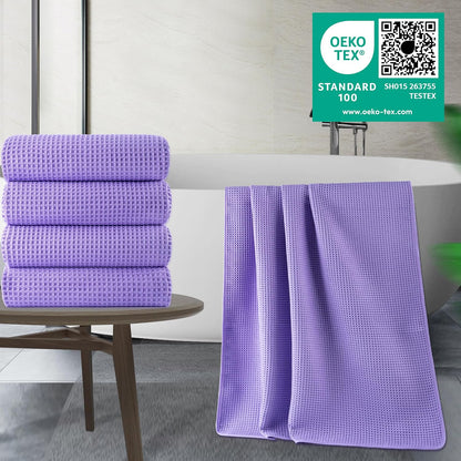 POLYTE Microfiber Oversize Quick Dry Lint Free Bath Towel, 60 x 30 in, 4 Pack (Waffle Weave)