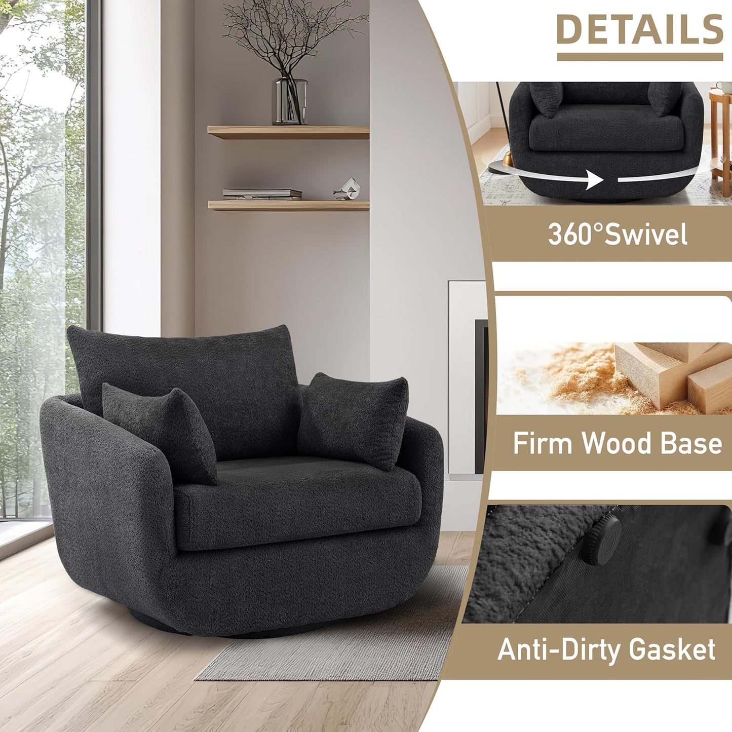 360° Swivel Accent Armchair, 39.3" Oversized, Sherpa Boucle Fabric Sofa Chair with Removable Back & Arm Pillows, Swivel Chair with Cozy Soft Padded, No Assembly Required (1, Dark Gray)