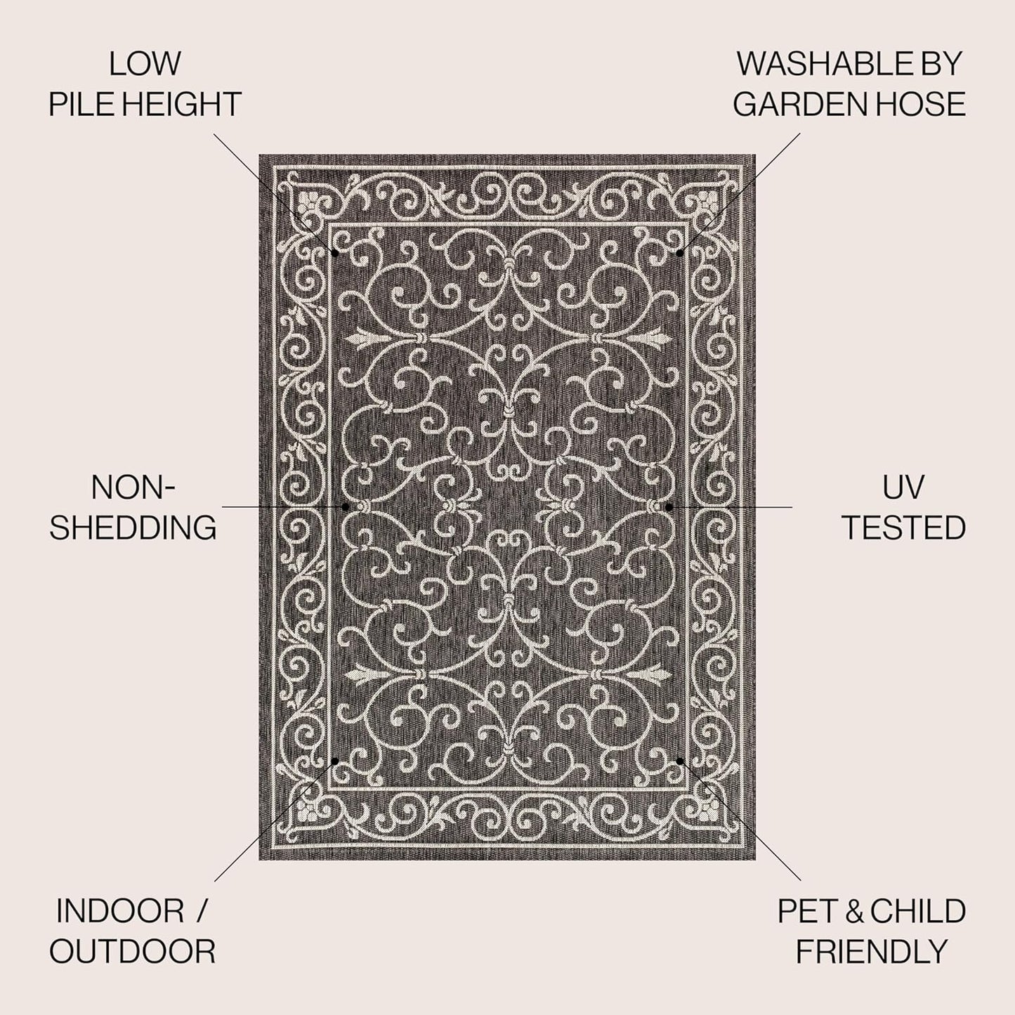 JONATHAN Y Vintage Filigree Indoor Outdoor Square Area Rug 8X8 Black/Gray, Charleston Textured Weave for Backyard, Patio, Porch, Easy-Cleaning, High Traffic, Pet-Friendly, Non-Shedding (SMB106G-8SQ)