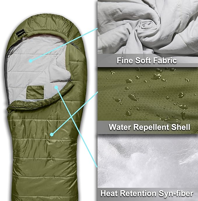 0 Degree Mummy Sleeping Bags for Adults Camping | XXL Big and Tall 3-4 Season Warm Cool | Cold Weather Winter Sleeping Bag w. Compression Sack Youth | Side Sleeper Friendly
