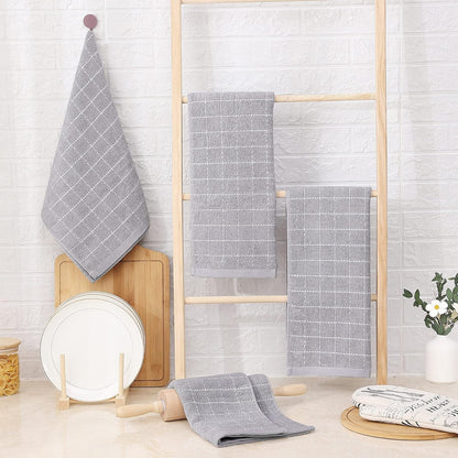 Homaxy 100% Cotton Terry Kitchen Towels(Light Grey, 13 x 28 Inches), Checkered Designed, Soft and Super Absorbent Dish Towels, 4 Pack