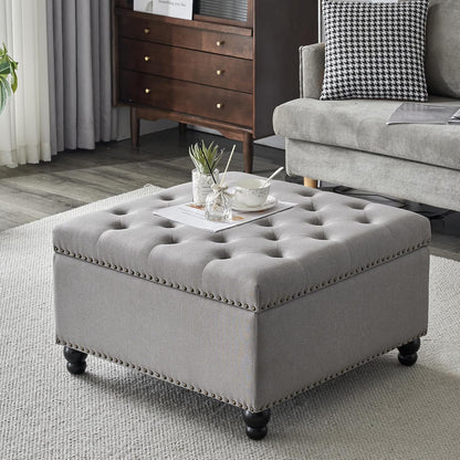Ottoman with Storage, Large Storage Ottoman, 30 in Square Ottoman Coffee Table,Tufted Upholstered Coffee Tables for Living Room, Grey