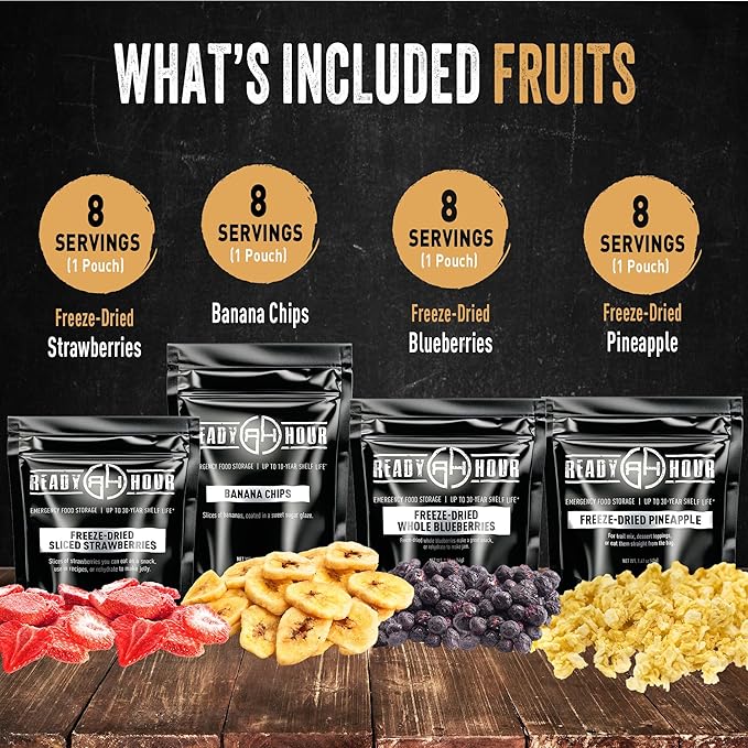 Ready Hour, Fruit & Veggie Mix, Non-Perishable Freeze-Dried Food, 30-Year Shelf Life, Portable Emergency and Adventure Food Supply, Durable Flood Safe Container, 56 Servings
