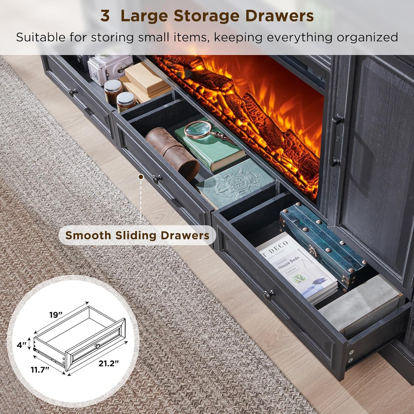 Fireplace TV Stand for 80 Inch TV, 35.7" Tall Farmhouse Entertainment Center W/36'' Electric Fireplace, Media Console with Large Storage Cabinets and Drawers for Living Room, Black