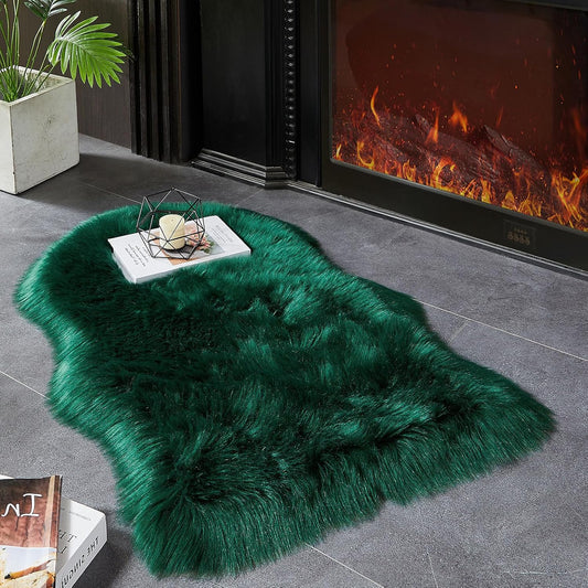 AMTOVO Faux Fur Rug, Dark Green Small Area Rug, Fluffy Sheepskin Rug, Fuzzy Ultra Soft 2 x 3 ft Shag Rugs for Bedroom Sofa Throw Cushion Room Decor, Sheepskin