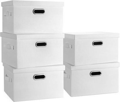 Medium 15" 21 Quart Collapsible Stackable Storage Bins with Lids, 5 Packs White Foldable Fabric Closet Storage Boxes with Lids, Lidded Heavy-duty Linen Baskets(15x11x8)
