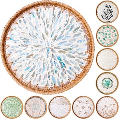 Round Rattan Tray with Mother of Pearl Inlay & Wooden Base - Decorative Wicker Serving Tray for Coffee/Bread/Fruits, Food Storage & Display - Multipurpose Home Decor (L,Colorful Leaves)