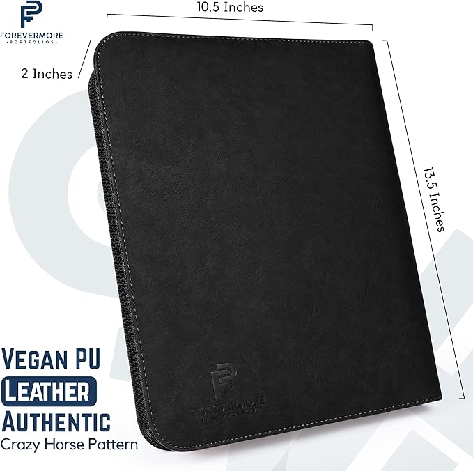 Forevermore Portfolios Padfolio Binder - Professional Faux Leather Travel Organizer Pouch for Tablet, Documents, Presentation Folders, Zipper Closure, Removable 3-Ring Notepad - Black