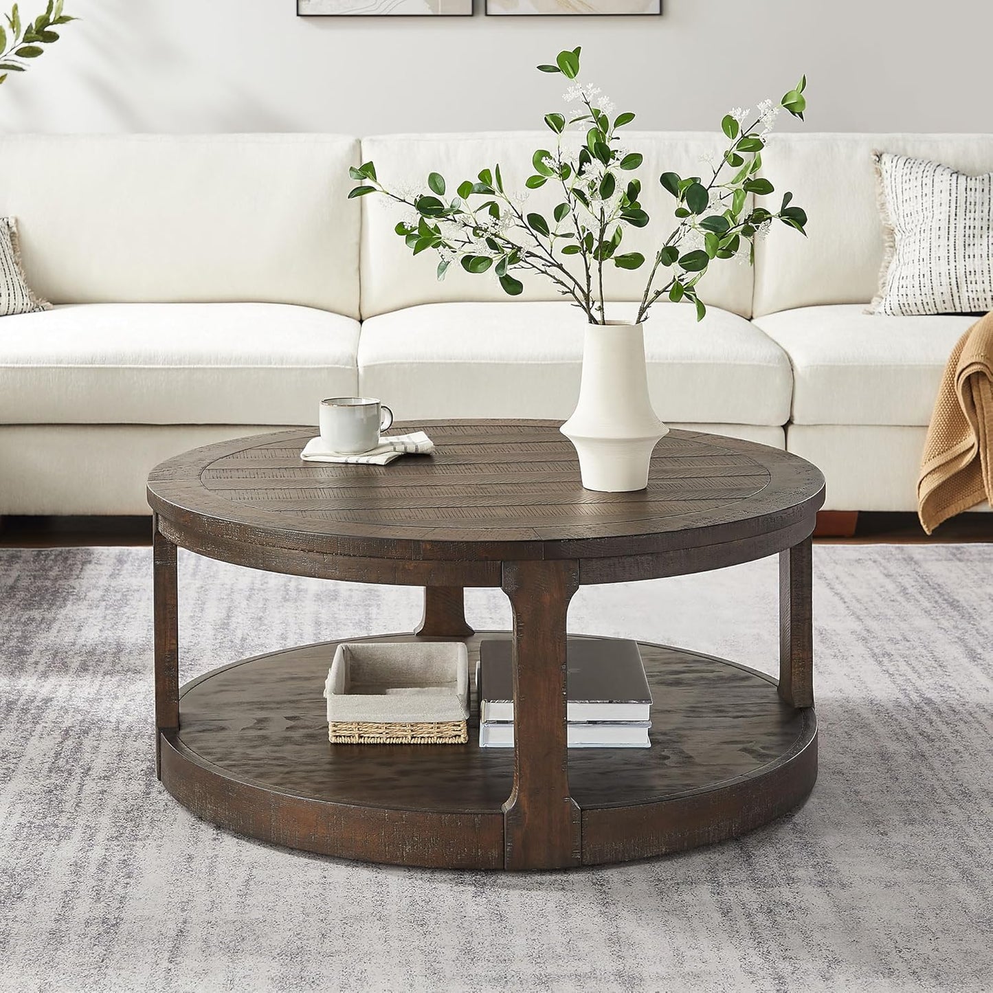 WILLIAMSPACE 40" Round Coffee Table with Wheels, Circle 2 Tier Solid Wood Center Coffee Table, Mid Century Retro Farmhouse Rounded End Table for Living Room Apartment, ø40 x 17.52" H (Dark Brown)