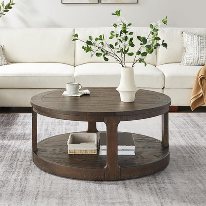 WILLIAMSPACE 40" Round Coffee Table with Wheels, Circle 2 Tier Solid Wood Center Coffee Table, Mid Century Retro Farmhouse Rounded End Table for Living Room Apartment, ø40 x 17.52" H (Dark Brown)