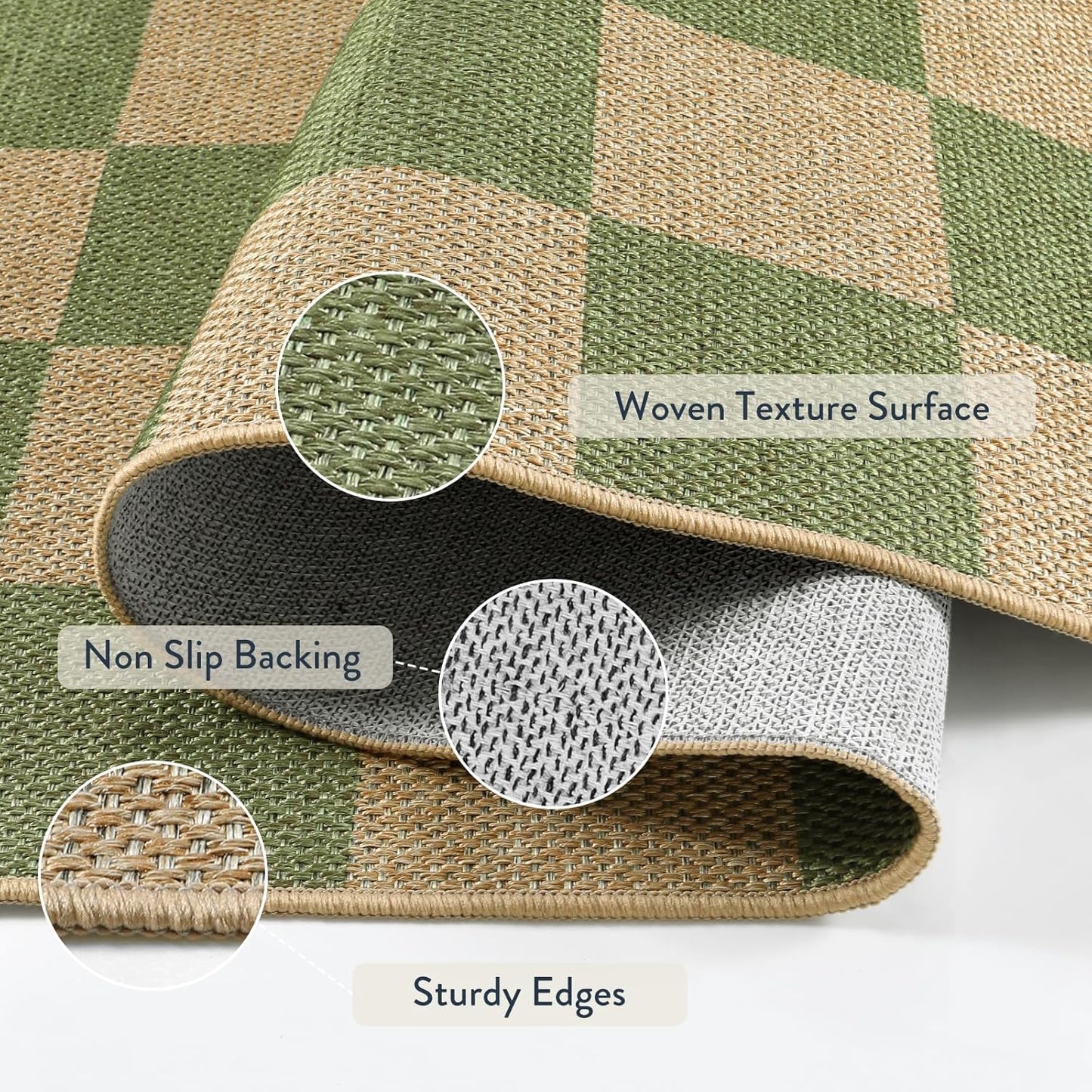 Lahome Checkered 3x5 Washable Rug, Green Easy Jute Rug for Entryway Living Room, Modern Non Slip Non Shedding Indoor Outdoor Carpet for Porch Deck Kitchen