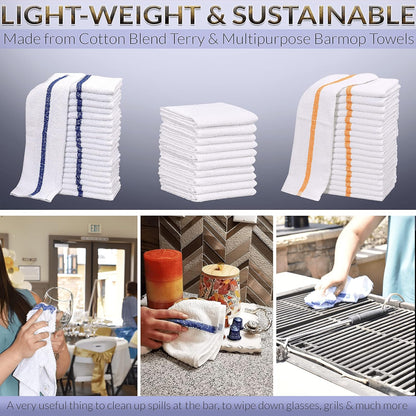 GOLD TEXTILES 120 PC New Cotton Blend White Restaurant Bar Mops Kitchen Towels 28oz (10 Dozen) (120, Blue Stripe)