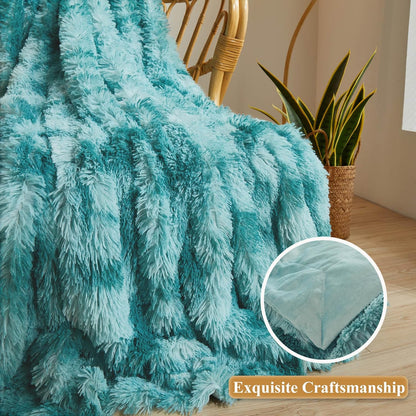 XeGe Luxury Faux Fur Blanket, Tie Dye Teal Soft Fluffy Throw, Shaggy Plush Decorative Couch Blanket, Turquoise Bed Furry Fuzzy Throw for Bedroom Living Room, Tie Dye Teal, 60x90