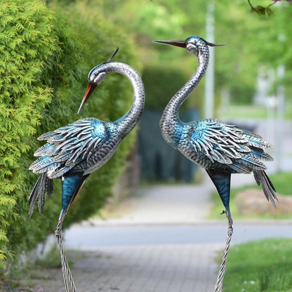 Crane Decor Statues, Blue Heron Garden Statues Metal Yard Art Outdoor Decoy, Garden Sculptures for Yard/Lawn/Pond/Outdoor Decoration, Set of 2