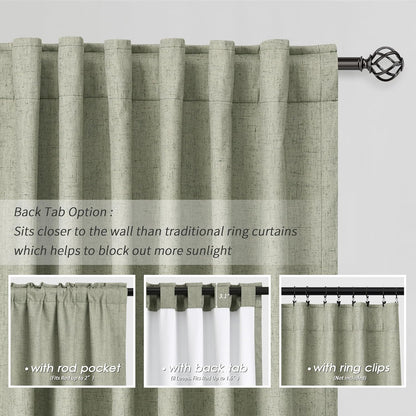 BOODII Sage Green Blackout Curtains for Bedroom 90 Inch Length Off White Black Out Drapes Modern Aesthetic Decorative Curtains for Nursery Boy Thermal Insulated Noise Reducing Linen Textured Curtain
